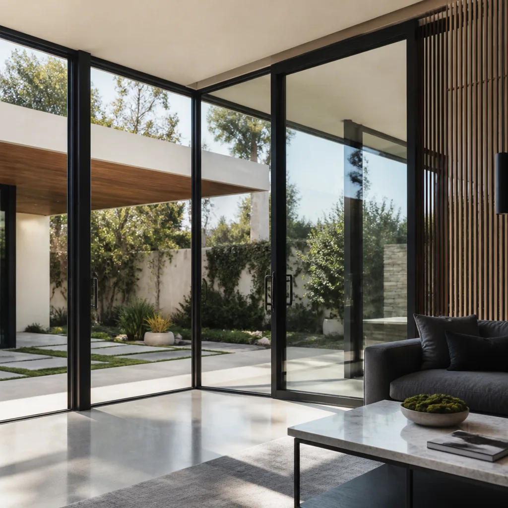 Modern floor-to-ceiling glass sliding doors in a contemporary home interior.