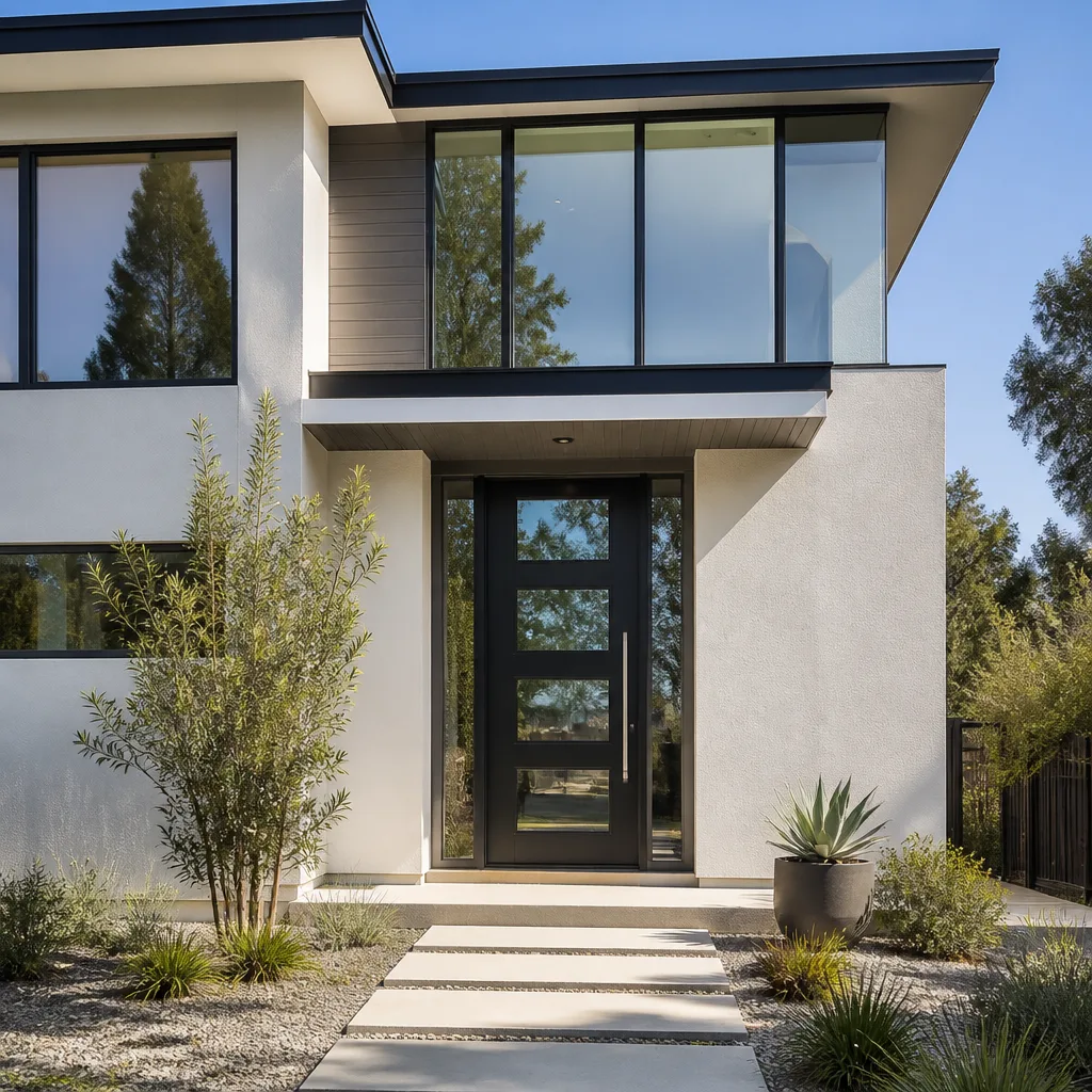 Modern home exterior featuring a sleek black contemporary front door replacement