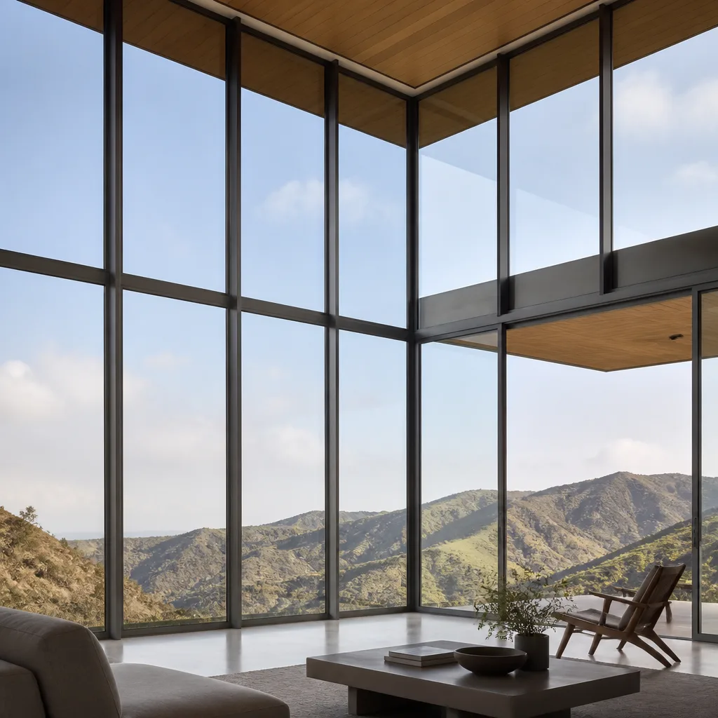 Modern floor to ceiling glass window and door installation in home