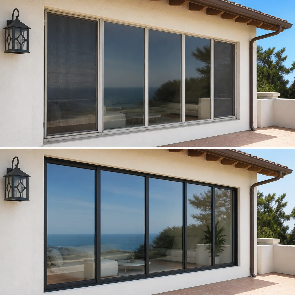 Before and after window replacement showing new modern sliding doors